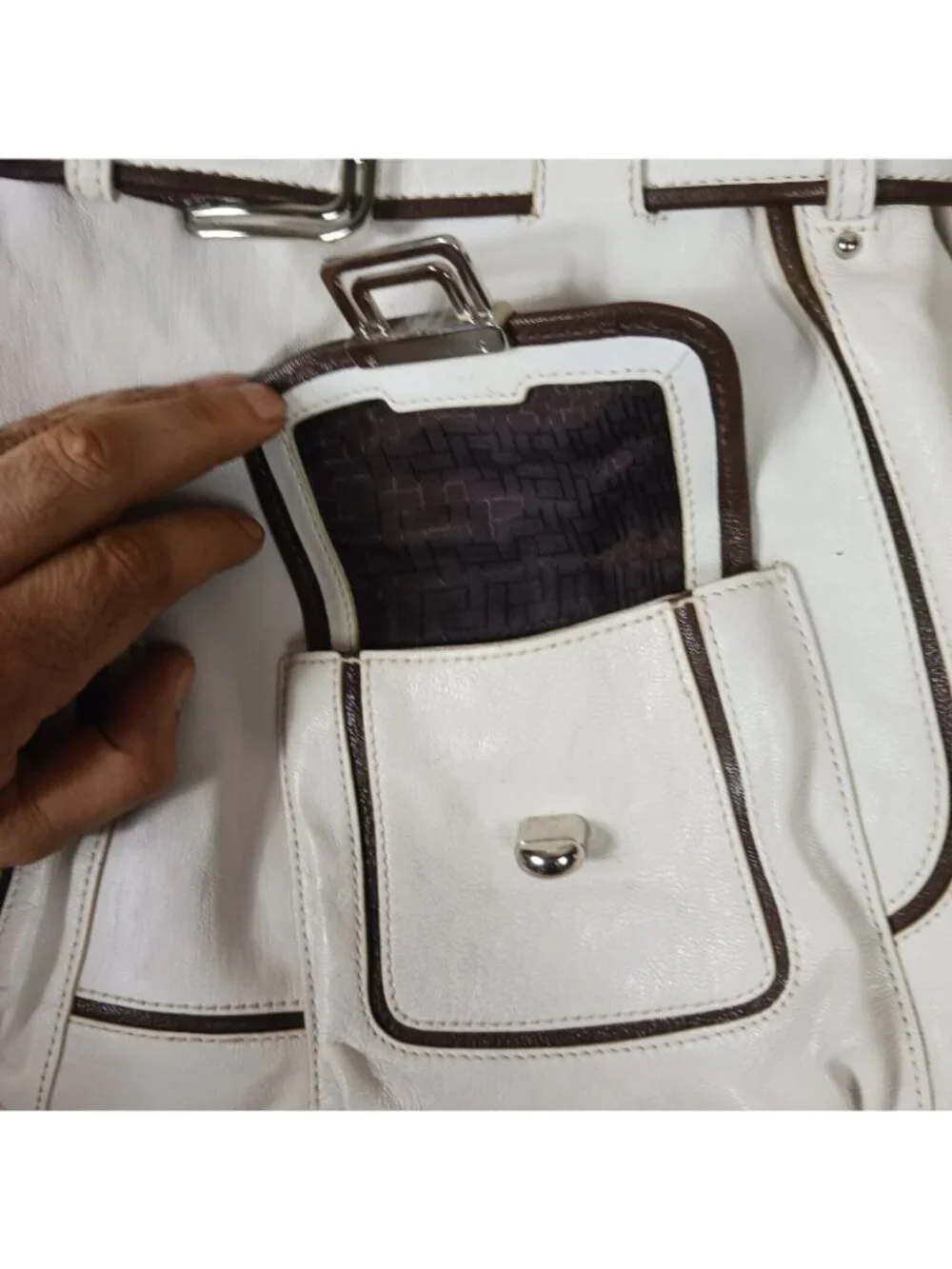Cole Haan Leather Buckle Trim Multi Pocket Shoulder Bag Womens Ivory Brown